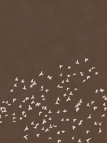 Minimalistisch Japandi met Chocolade Bruine Achtergrond en Zwerm Vogels
