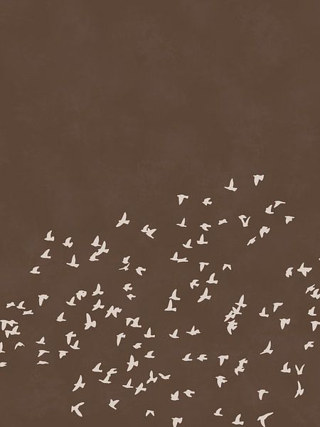 Minimalistisch Japandi met Chocolade Bruine Achtergrond en Zwerm Vogels van Daring Dutch Designers