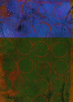 Peinture moderne abstraite. Formes organiques en bleu, vert et brun rouillé. sur Dina Dankers