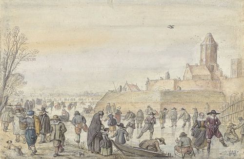 IJsvermaak op de stadsgracht bij de Kalverhekkenpoort te Kampen, Hendrick Avercamp, 1595 - 1616