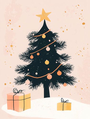 Illustration d'un arbre de Noël ludique avec des tons chauds et des cadeaux dans un décor hivernal