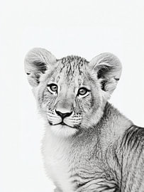 Young Lion Sitting – Black and White Animal Art