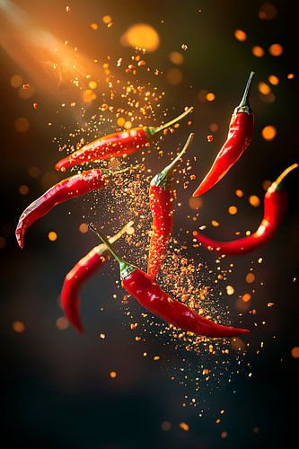 Drijvende rode chilipepers met glitter