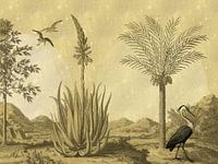 Heron and seagulls on botanical background
