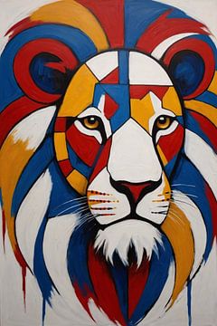 Lion in red and blue by De Muurdecoratie