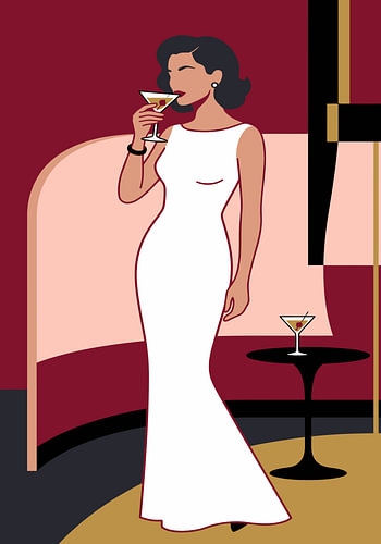 Glamoureuze vrouw in witte jurk met een cocktail in een art-decobar
