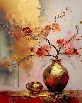 Japandi Stilleven schilderij. Zalmroze bloesemtak op gouden vaas van Studio Pieternel
