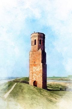 Aquarel beeld van de Plompe Toren op Schouwen-Duiveland, Zeeland van Danny de Klerk