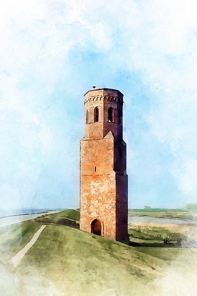 Watercolour image of the Plompe Toren on Schouwen-Duiveland, Zeeland by Danny de Klerk