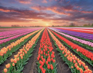 Flowering tulip fields by Kees van den Burg