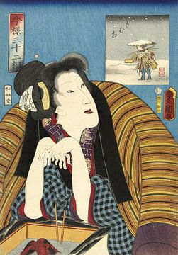 Vrouw, de handen warmend bij een hibachi, Kunisada (I) , Utagawa