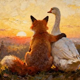 Een vos en een gans bij zonsondergang van Kristin M
