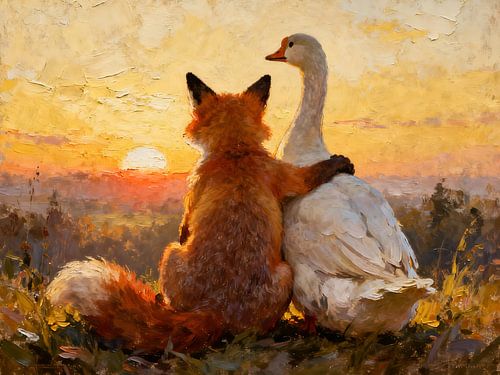 Fuchs und Gans beim Sonnenuntergang