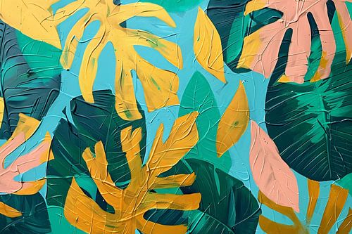 Abstract schilderij met kleurrijke tropische bladeren