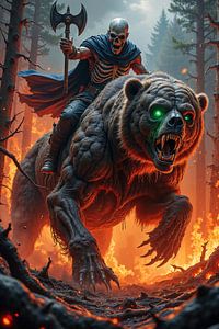 Dark Fantasy Wandbild: MORVEX – Ein untoter Krieger reitet auf einem Zombiebär