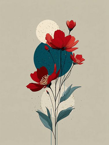 Pavot vintage rouge et turquoise - Illustration florale stylée