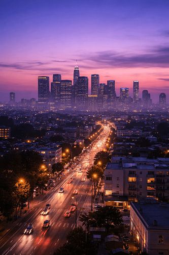 Los Angeles Skyline bij Paarse Schemering – Dynamische Avondlichten en Moderne Stadsenergie