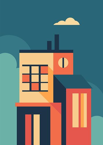 Moderne Illustrationen von geometrischen Stadtgebäuden im minimalistischen, flachen Vektorstil mit leuchtenden Retro-Farben.