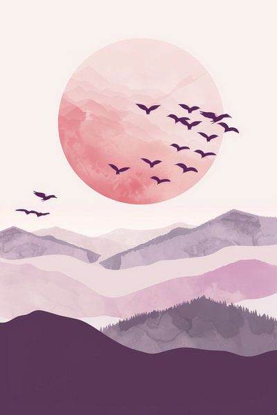 Pink sunset with birds by Poster Art Shop