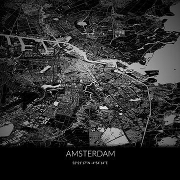Zwart-witte landkaart van Amsterdam, Noord-Holland. van Rezona