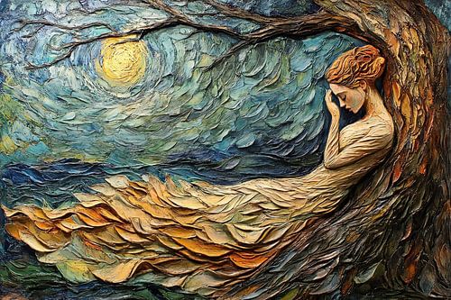 spiritueel schilderij van vrouw in bos