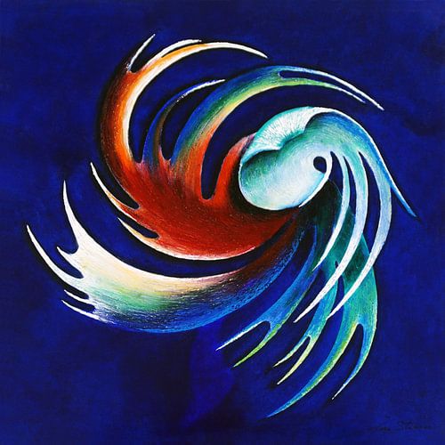 Dynamische sculptuur in blauw, rood en groen