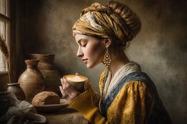 Girl with Cappuccino - Elegant Painting by Peter Pen Drawings and Paintings