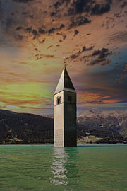 Kerkentoren Graun, Reschenmeer van C. Stockbauer