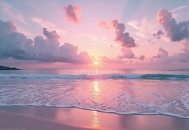 Oceaan Strand Zonsondergang met Roze Wolken van Markus Gann