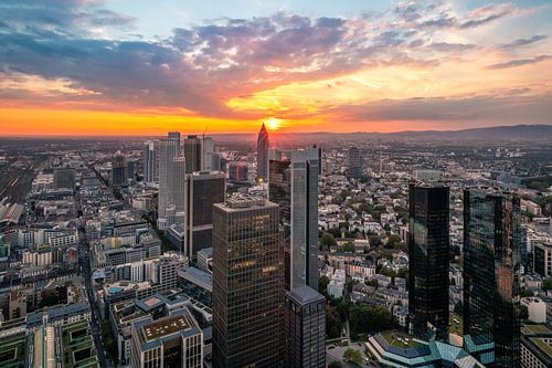 Frankfurt van boven Maintower bij zonsondergang