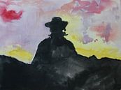 Zorro, aquarel van een het silhouet van een man in een zwarte cape van Catharina Mastenbroek thumbnail