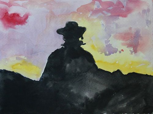 Zorro, aquarel van een het silhouet van een man in een zwarte cape