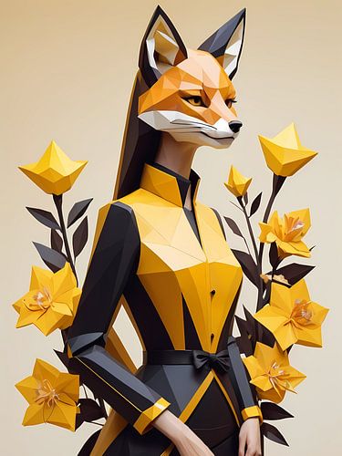Low poly floral fox girl, schwarz und gelb