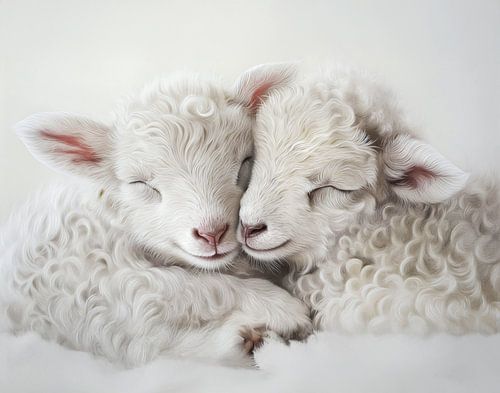 twee schattige witte lammetjes die tegen elkaar aan liggen te slapen