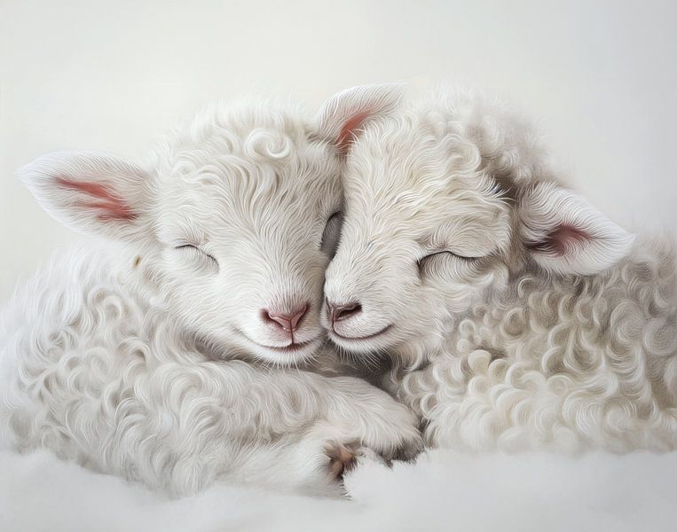 deux mignons agneaux blancs dormant ensemble par Margriet Hulsker