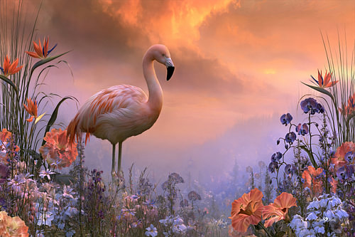 Flamingo met tropische bloemen