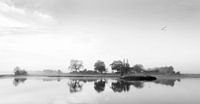 farmhouse and trees reflected in water of the Lek on misty morning