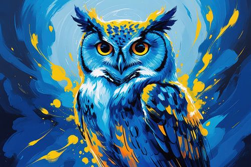 Blauwe uil met gele accenten