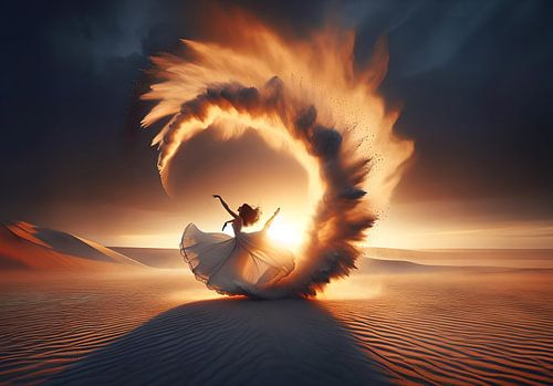 Mooie vrouw die een voorstelling geeft in de woestijn