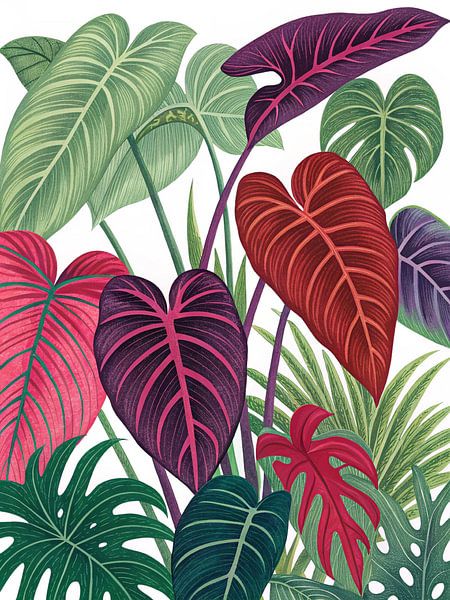 Lebendiges tropisches Laubparadies: Üppige botanische Aquarell-Illustration exotischer Aroid-Blätter in satten Smaragd-, Rubin- und Amethyst-Tönen von Artistic