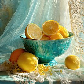 Romantisch zomers stilleven met citrus en turquoise servies van Joriali fotografie en schilderijen