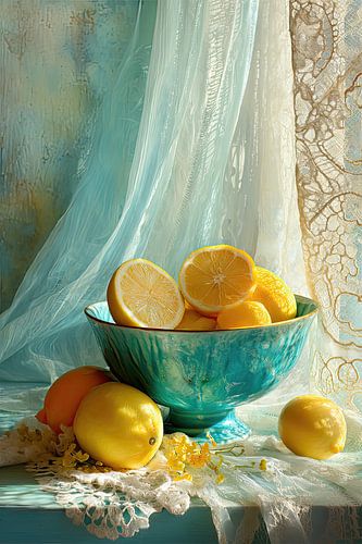 Romantisch zomers stilleven met citrus en turquoise servies