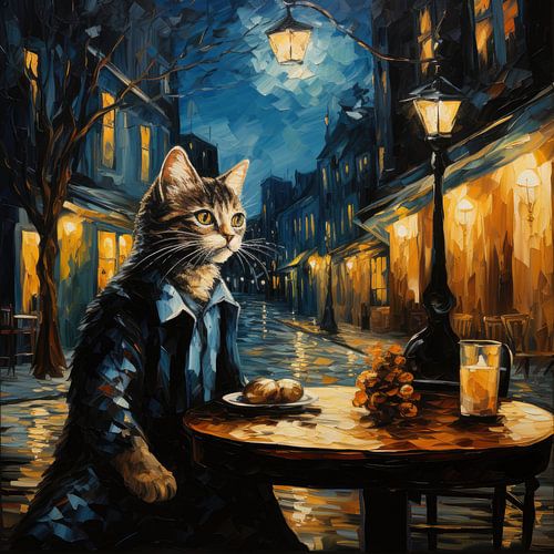 Kat in een nachtelijk straatcafé