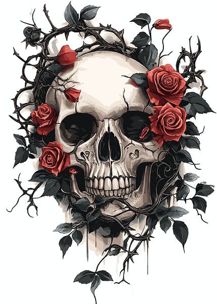 Crâne avec roses rouges et épines - Gothique par Pixelbull Design