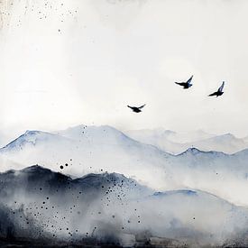 Minimalistische, abstrakte Berglandschaft mit Vögeln von IamHome Studio