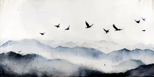 Minimalist abstract mountain landscape with birds