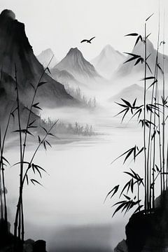 Zwart-wit landschap met bamboe van Poster Art Shop