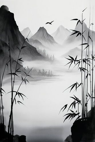 Zwart-wit landschap met bamboe