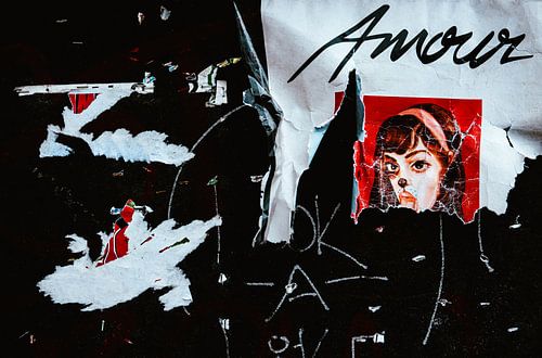 Torn Poster Collage – “Amour” & Red Portrait | Urban Romance Wall Art