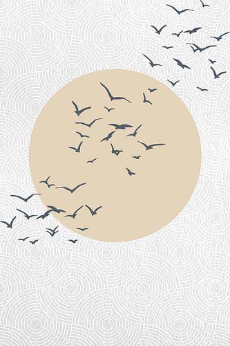 Japandi. Abstract landschap met pastelbeige zon en vogels op Japans wit patroon